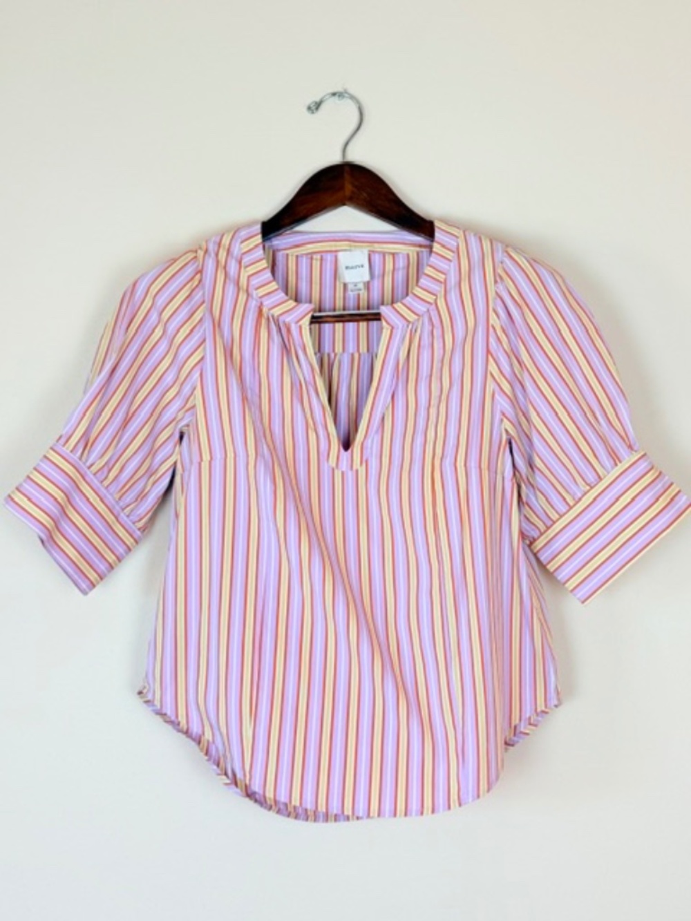 Maeve Striped Puff Sleeve Blouse V-Neck Pink Yellow Women's Medium Anthropologie